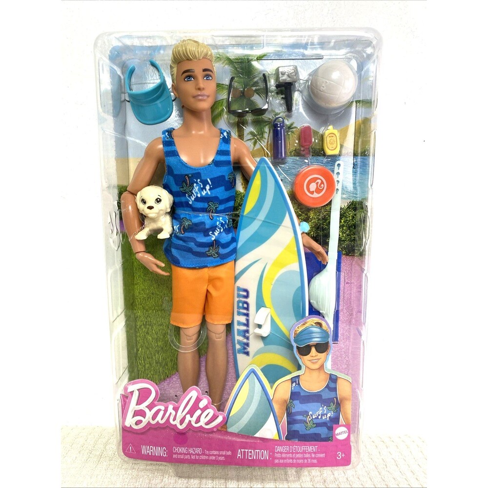 Beach Surfer Ken Doll With Surf Board Puppy Pet & Accessories Barbie Mattel